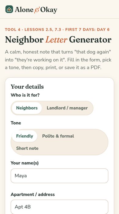 Neighbor Letter Generator screen